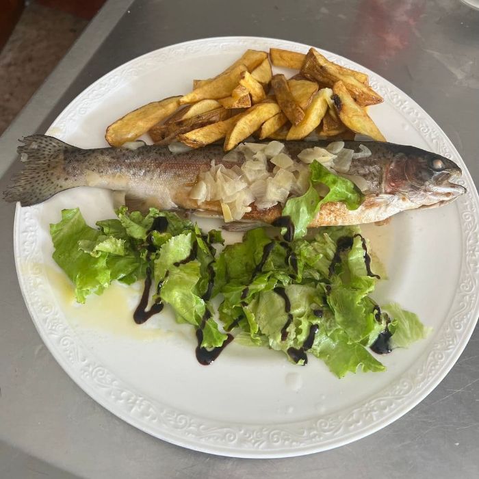 Trucha con su guarnición de patatas y ensalada